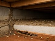 Termite infestation spreading inside hidden wooden wall structures and foundation beams