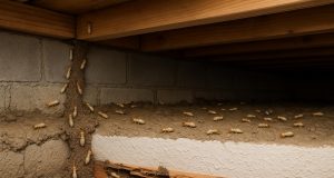 Termite infestation spreading inside hidden wooden wall structures and foundation beams