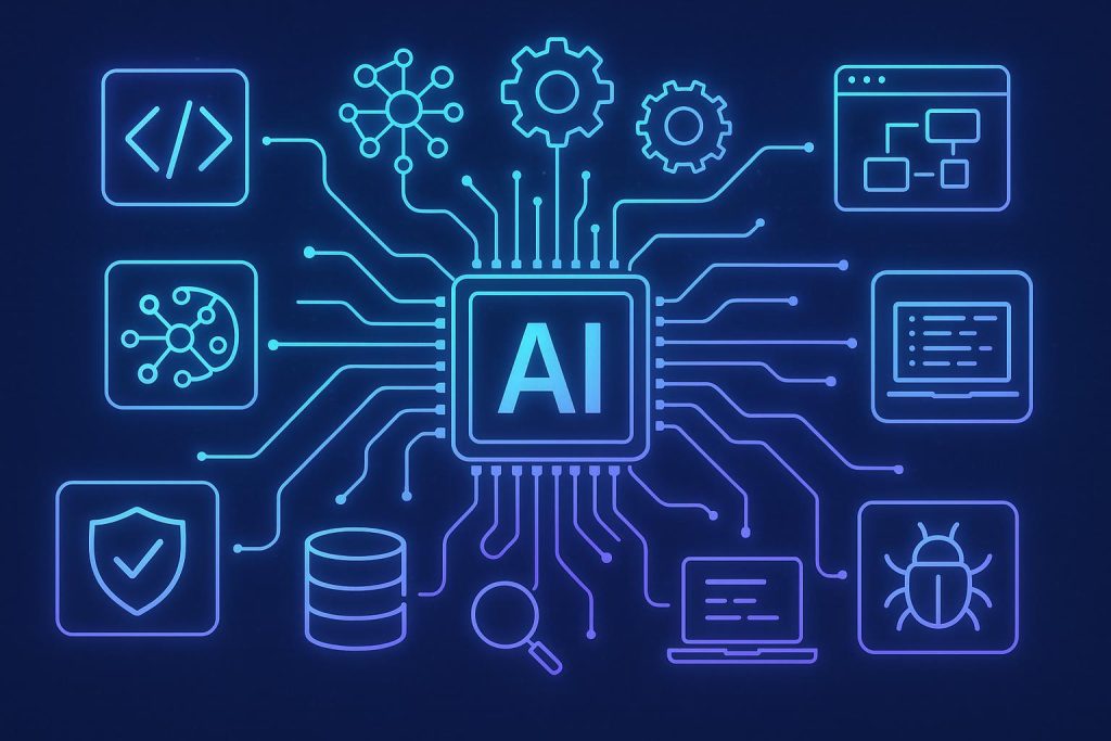 Artificial intelligence icons connected to popular software development tools and programming languages