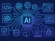 Artificial intelligence icons connected to popular software development tools and programming languages