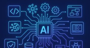 Artificial intelligence icons connected to popular software development tools and programming languages