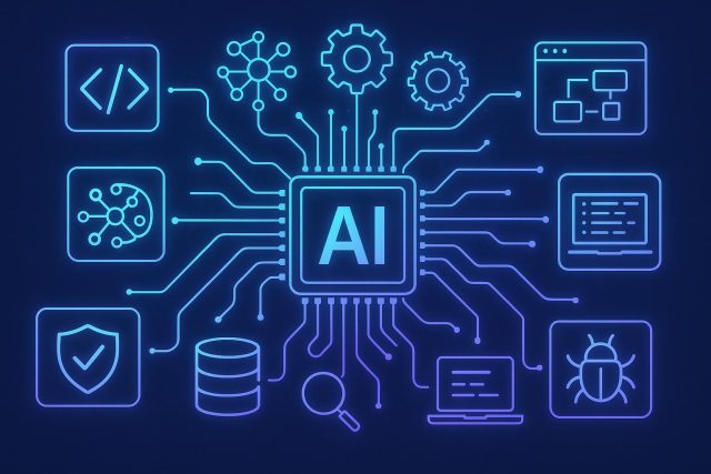 Artificial intelligence icons connected to popular software development tools and programming languages