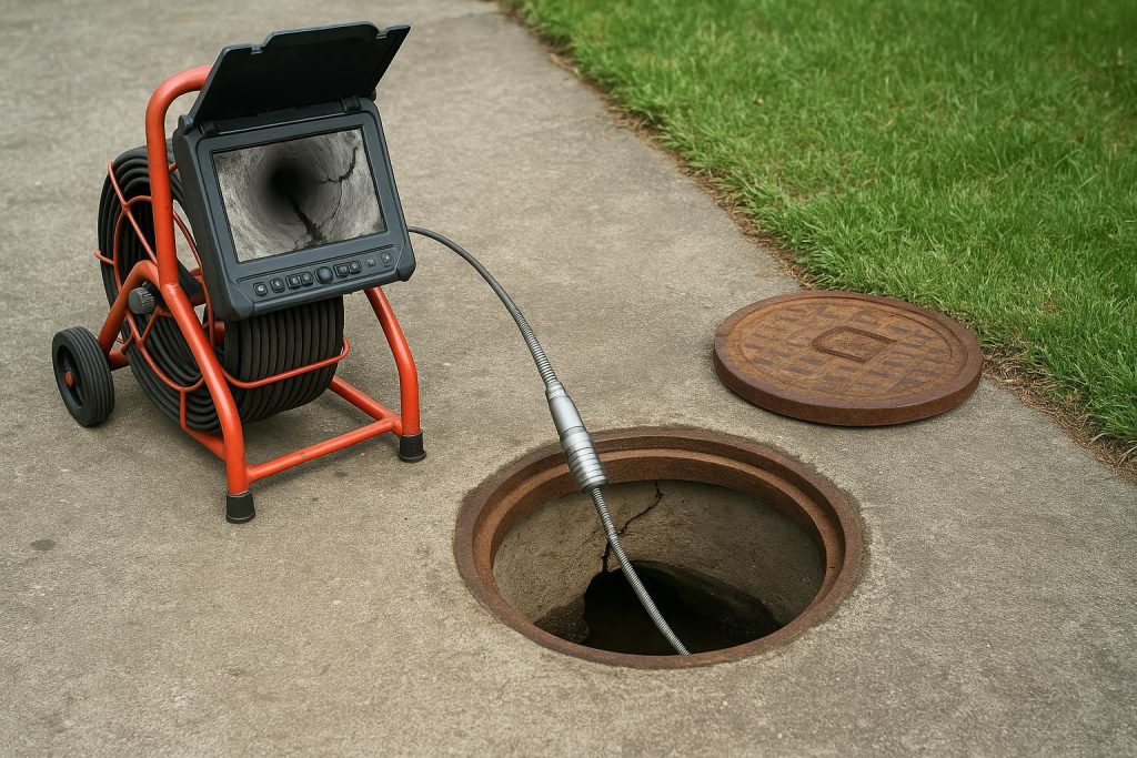 CCTV drain camera detecting cracks and damage in a residential sewer pipe underground