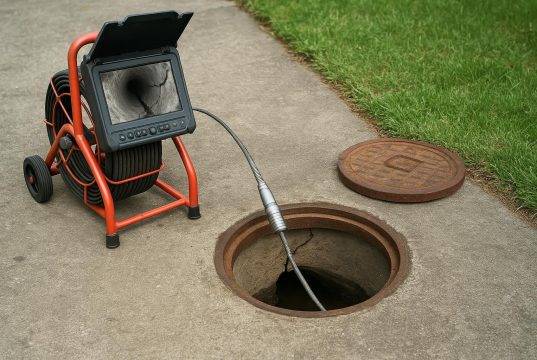 CCTV drain camera detecting cracks and damage in a residential sewer pipe underground