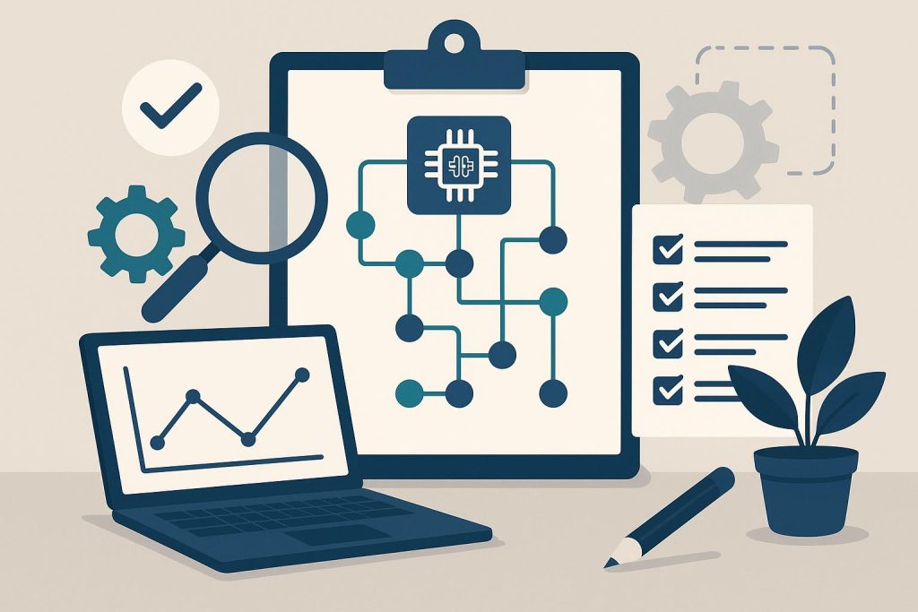 AI-driven quality assurance strategy concept with digital interface and analytics elements
