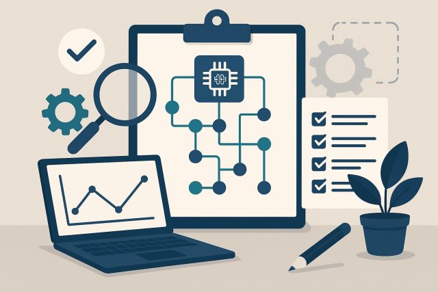 Building an Effective AI Strategy for Your QA Team AI-driven quality assurance strategy concept with digital interface and analytics elements