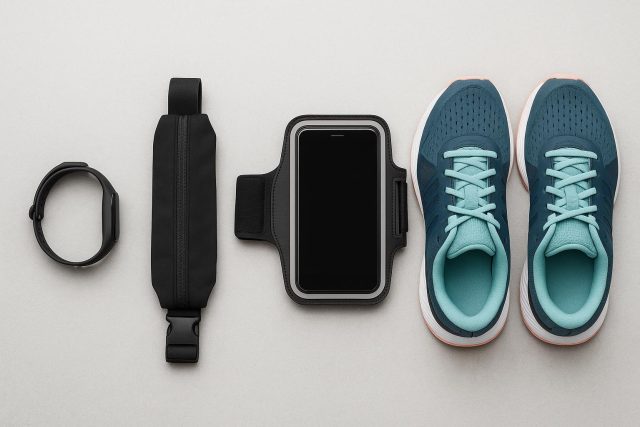 Running shoes, fitness tracker, water bottle, and armband displayed for beginner runners