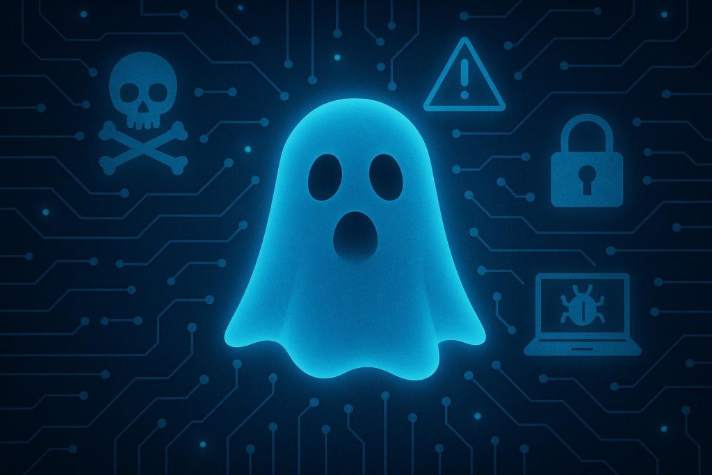 Abstract digital ghostly figure with binary code background symbolizing hidden cyber threats