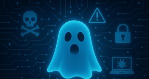 Abstract digital ghostly figure with binary code background symbolizing hidden cyber threats