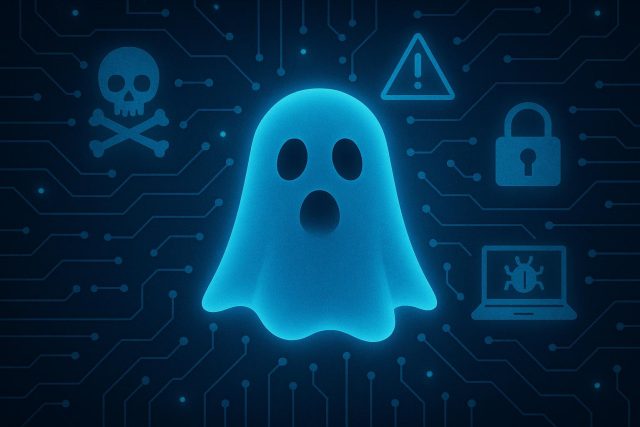 Digital Ghosts: Unmasking the Cyber Threats Your Business Can't See Abstract digital ghostly figure with binary code background symbolizing hidden cyber threats