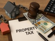 Overdue property tax notice and foreclosure warning letter on a desk with house keys