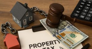 Overdue property tax notice and foreclosure warning letter on a desk with house keys