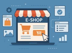 Laptop displaying online store setup with shopping cart icon and website design elements