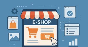 Laptop displaying online store setup with shopping cart icon and website design elements
