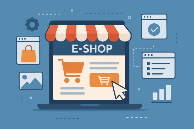 Laptop displaying online store setup with shopping cart icon and website design elements