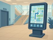 How Smart Kiosks Are Improving Navigation and Service in Busy Buildings Smart kiosk touchscreen guiding visitors and enhancing service in a modern building lobby