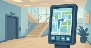 Smart kiosk touchscreen guiding visitors and enhancing service in a modern building lobby