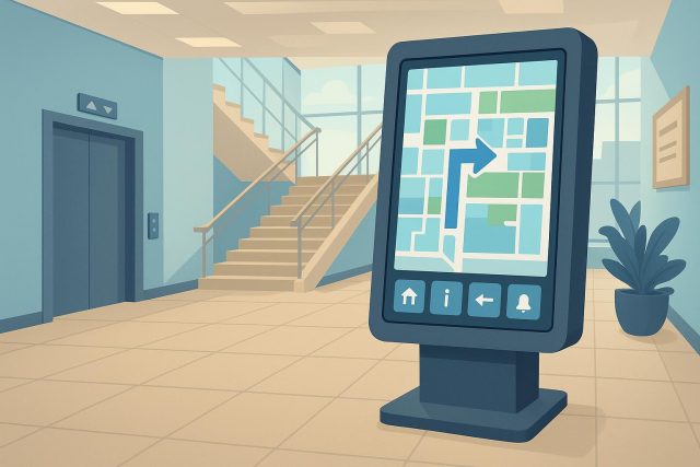 How Smart Kiosks Are Improving Navigation and Service in Busy Buildings Smart kiosk touchscreen guiding visitors and enhancing service in a modern building lobby