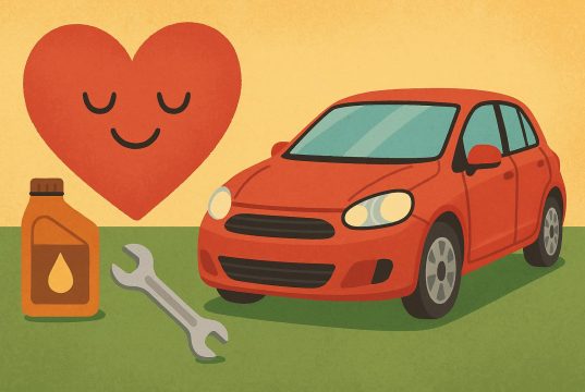 Car owner happily maintaining vehicle, symbolizing strong connection and care for their automobile