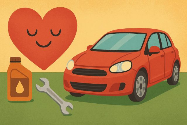 More Than a Motor: A Guide to Becoming Besties with Your Vehicle Car owner happily maintaining vehicle, symbolizing strong connection and care for their automobile