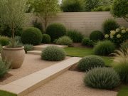 Modern garden with neutral-toned landscaping, minimalist stone pathway, and muted plant colors