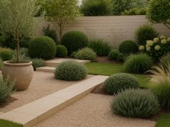 Modern garden with neutral-toned landscaping, minimalist stone pathway, and muted plant colors