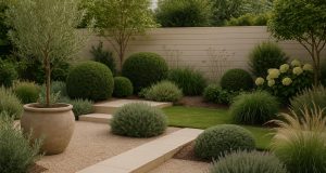 Modern garden with neutral-toned landscaping, minimalist stone pathway, and muted plant colors