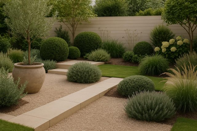 Modern garden with neutral-toned landscaping, minimalist stone pathway, and muted plant colors