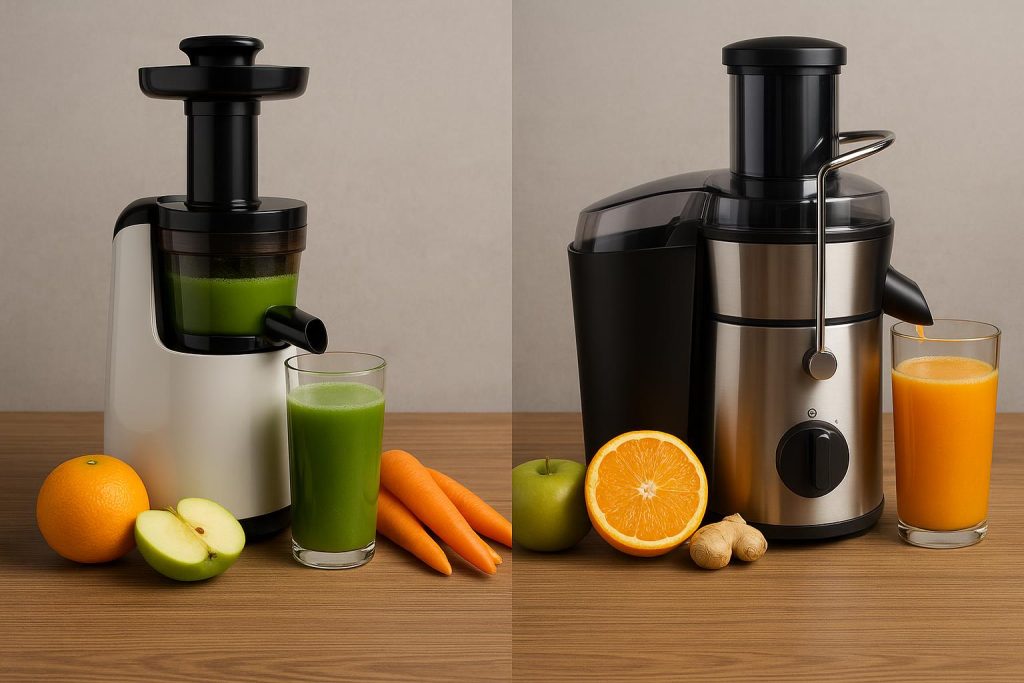 Cold press juicer and centrifugal juicer side by side with fresh fruits and juices
