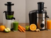 Cold press juicer and centrifugal juicer side by side with fresh fruits and juices