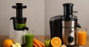 Cold press juicer and centrifugal juicer side by side with fresh fruits and juices