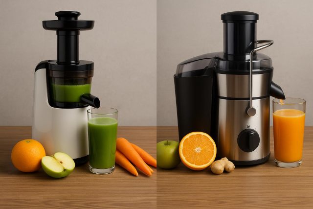 Cold press juicer and centrifugal juicer side by side with fresh fruits and juices