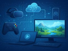 Futuristic gaming interface with immersive graphics and advanced technology elements