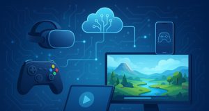 Futuristic gaming interface with immersive graphics and advanced technology elements