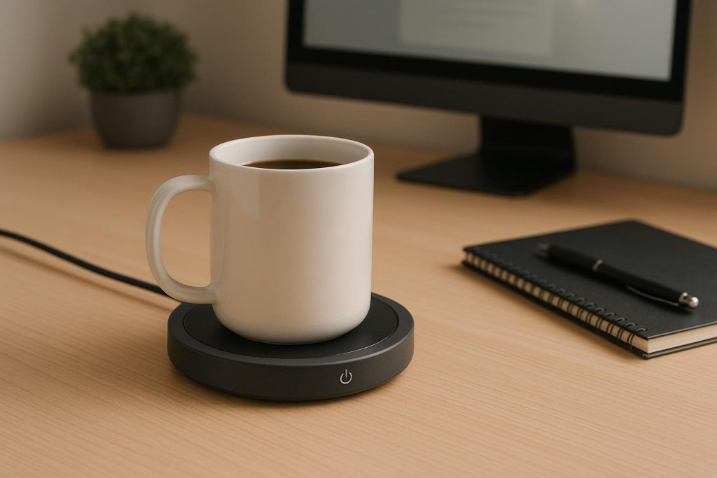 Electric mug warmer set with sleek design, temperature controls, and coffee mug on office desk