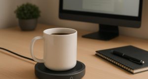 Electric mug warmer set with sleek design, temperature controls, and coffee mug on office desk