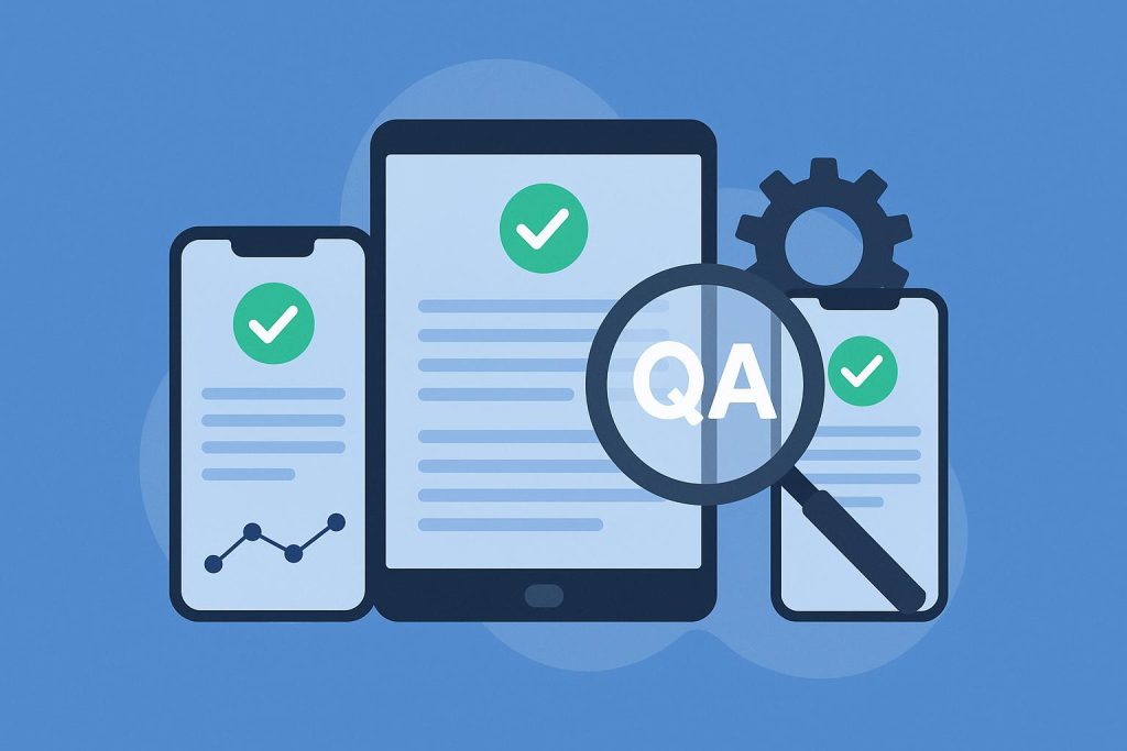 Mobile device testing concept with smartphones and quality assurance icons on digital background