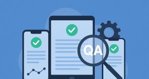 Mobile device testing concept with smartphones and quality assurance icons on digital background