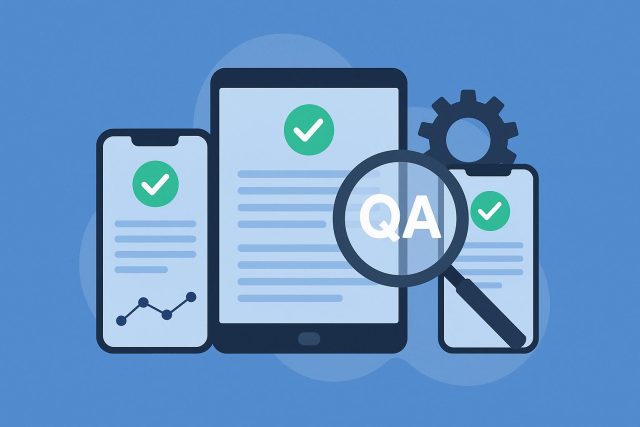 Mobile device testing concept with smartphones and quality assurance icons on digital background