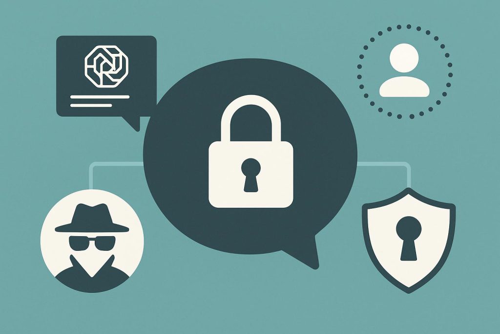 AI chat interface with privacy shield and anonymous user icon representing secure communication