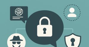 AI chat interface with privacy shield and anonymous user icon representing secure communication