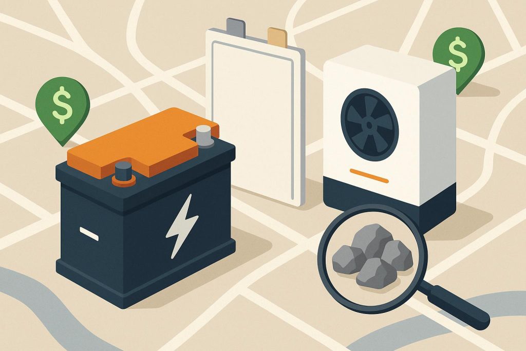 Diagram showing locations of battery cells, inverters, and critical minerals for 45x tax credit