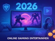Online Gaming Entertainment in 2026 Futuristic online gaming setup with advanced consoles and immersive digital environments