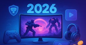 Futuristic online gaming setup with advanced consoles and immersive digital environments