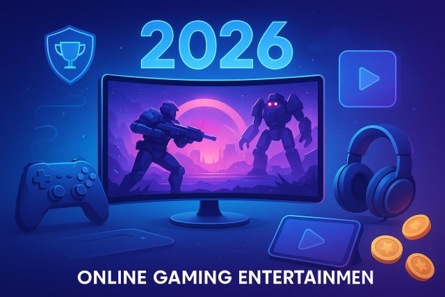 Online Gaming Entertainment in 2026 Futuristic online gaming setup with advanced consoles and immersive digital environments
