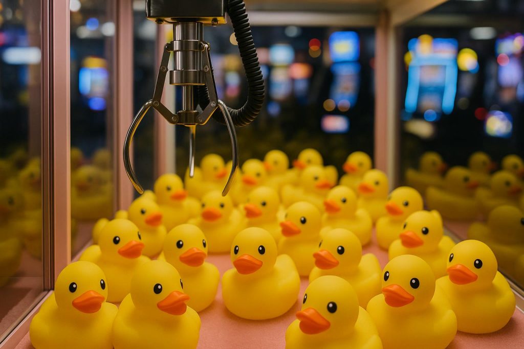 Brightly colored duck-themed claw machine filled with yellow duck plush toys and prizes