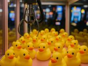 Brightly colored duck-themed claw machine filled with yellow duck plush toys and prizes