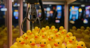 Brightly colored duck-themed claw machine filled with yellow duck plush toys and prizes