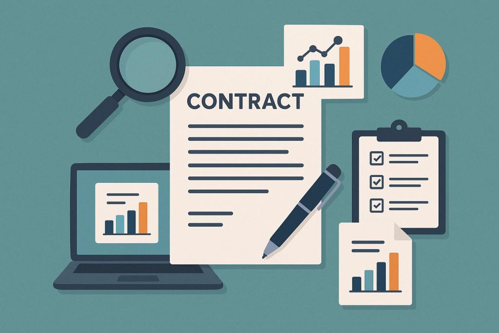 Digital dashboard illustrating contract analytics data and insights for business optimization