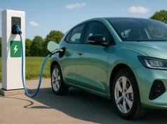 Electric car charging at station with green energy icons, representing eco-friendly transportation